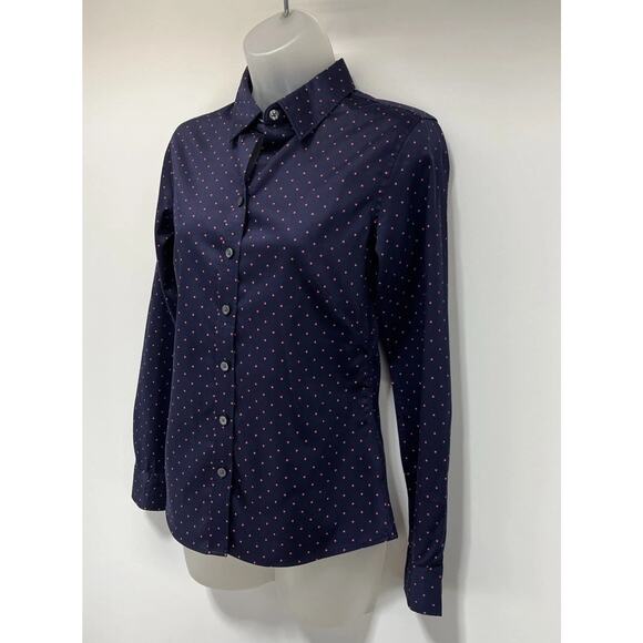 Banana Republic Non Iron Shirt Top Women’s Size 0 Button Up LS Blue W/ Pink Dots - Picture 2 of 6